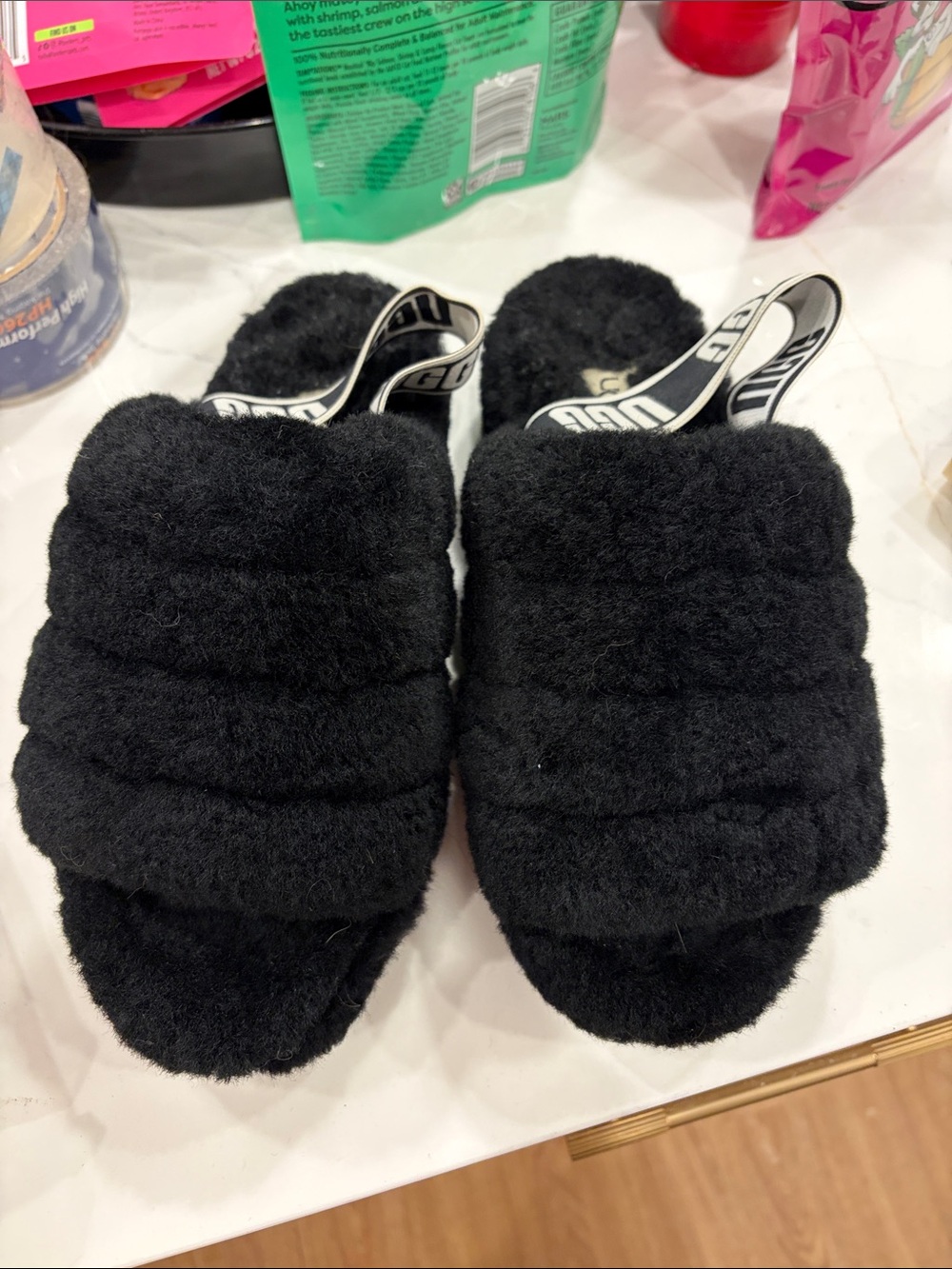 UGG Black Plush Slide Slippers with Branded Heel Strap